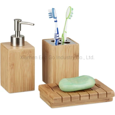 Lot de 3 accessoires de salle de bain en bambou, distributeur de savon, porte-savon et porte-brosse à dents